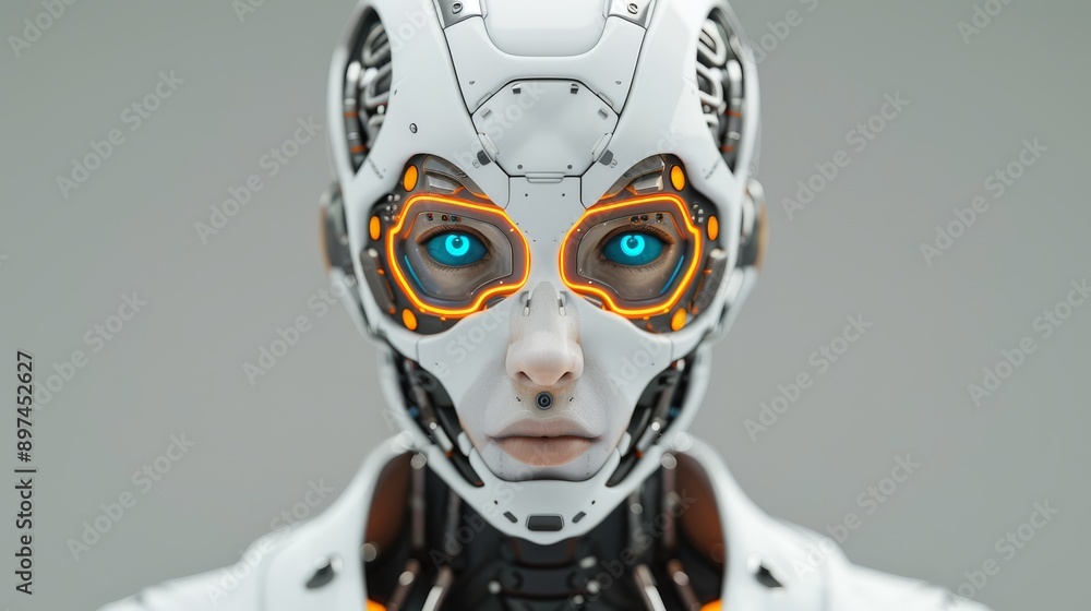 A hyperrealistic digital portrait of a cyborg with intricate mechanical details seamlessly integrated into their human form, glowing blue eyes pierce the viewer, sense of wonder and mystery A hyperrealistic digital portrait of a cyborg with intricate mechanical details seamlessly integrated into their human form, glowing blue eyes pierce the viewer, sense of wonder and mystery