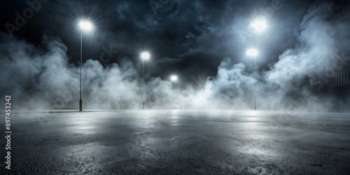 Empty Street with Fog and Lights, Night, Asphalt, Street Lighting, Foggy, urban, city