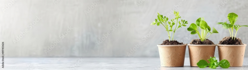 Three small potted plants with green leaves against a blurred green background.