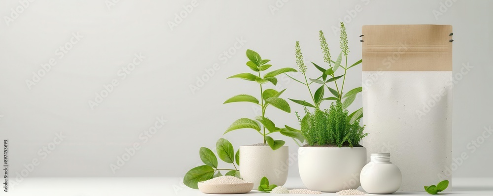 A serene arrangement of potted plants and natural elements, perfect for promoting a fresh, eco-friendly atmosphere. A serene arrangement of potted plants and natural elements, perfect for promoting a fresh, eco-friendly atmosphere.