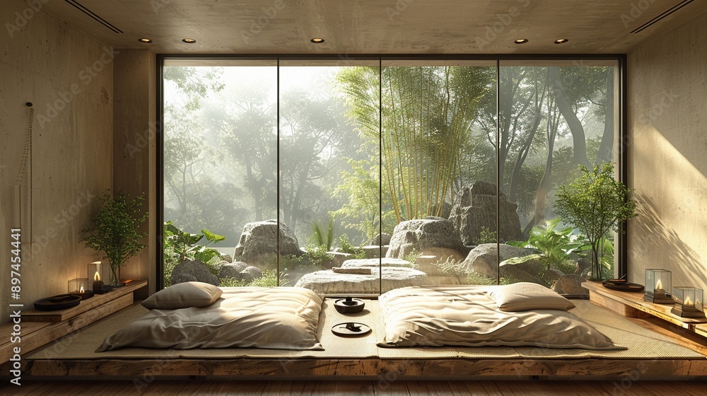 Zen Retreat: Tranquil sunlight bathes a minimalist bedroom, revealing a serene view of a lush green garden through expansive windows. Zen Retreat: Tranquil sunlight bathes a minimalist bedroom, revealing a serene view of a lush green garden through expansive windows.