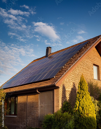 Familly house with solar panels on the roof during the day, producing green renewable energy