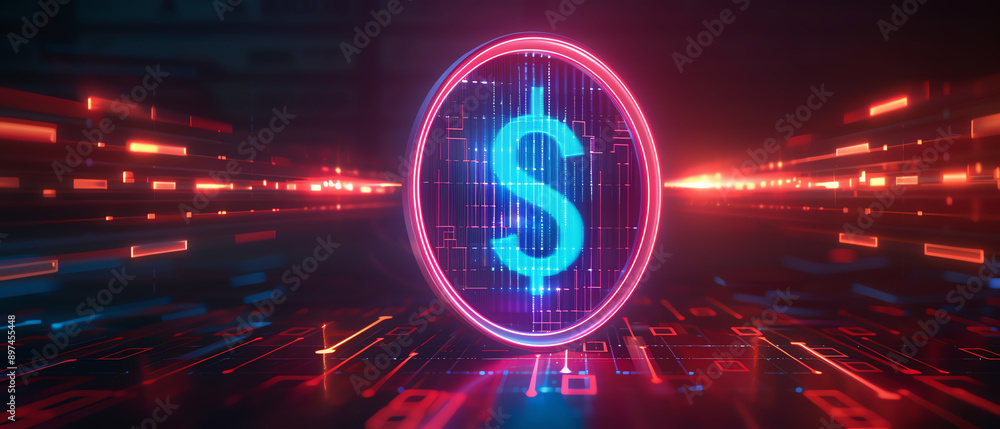 Tracking exchange rates with time progression, digital clock and currency symbols, neon light effects, hightech financial environment Tracking exchange rates with time progression, digital clock and currency symbols, neon light effects, hightech financial environment