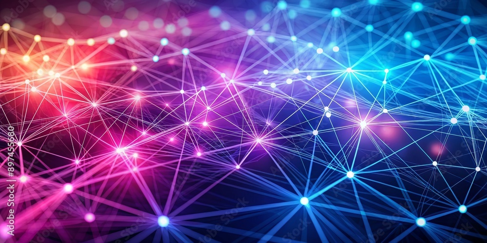 Abstract Network of Connected Glowing Points, 3D Rendering, Neon Lights, Digital Art, Network, Data, Technology Abstract Network of Connected Glowing Points, 3D Rendering, Neon Lights, Digital Art, Network, Data, Technology