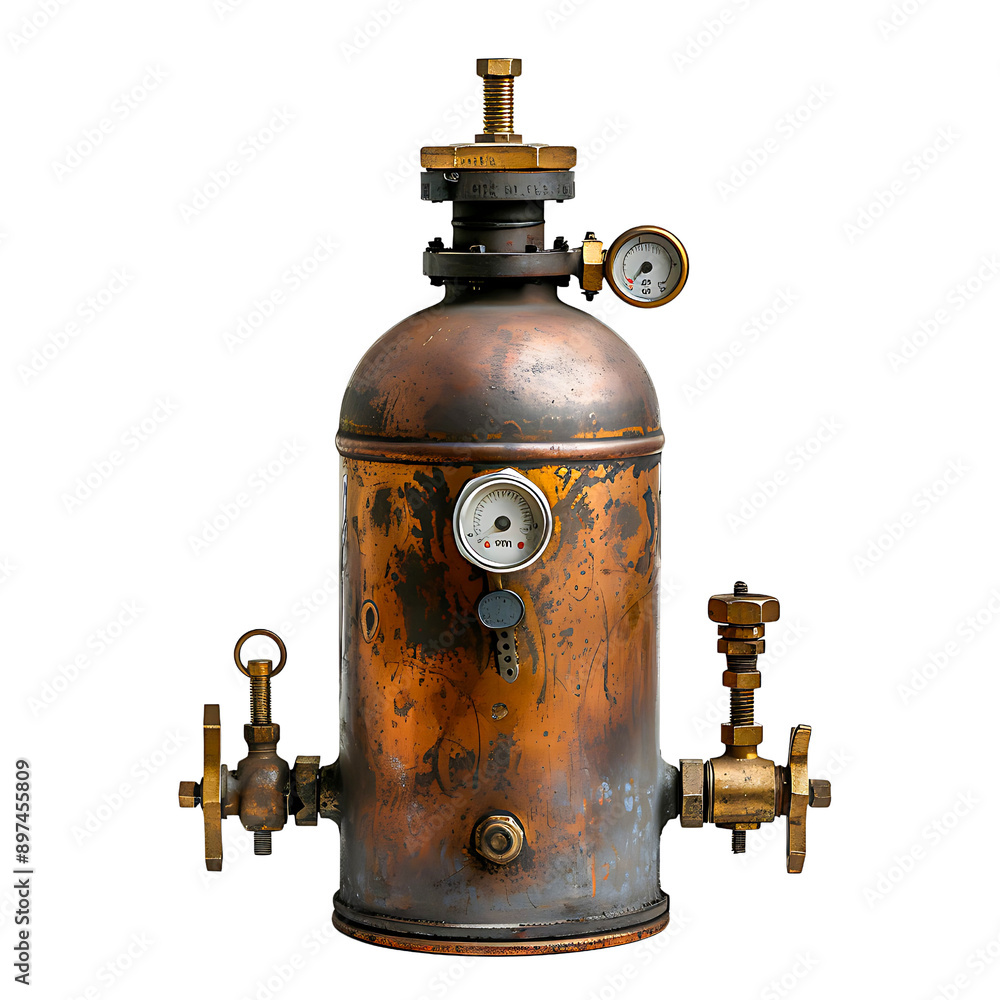 Antique rusty industrial pressure vessel with gauges and valves isolated on transparency PNG background, suitable for steampunk-themed projects, industrial design, vintage engineering publications Antique rusty industrial pressure vessel with gauges and valves isolated on transparency PNG background, suitable for steampunk-themed projects, industrial design, vintage engineering publications