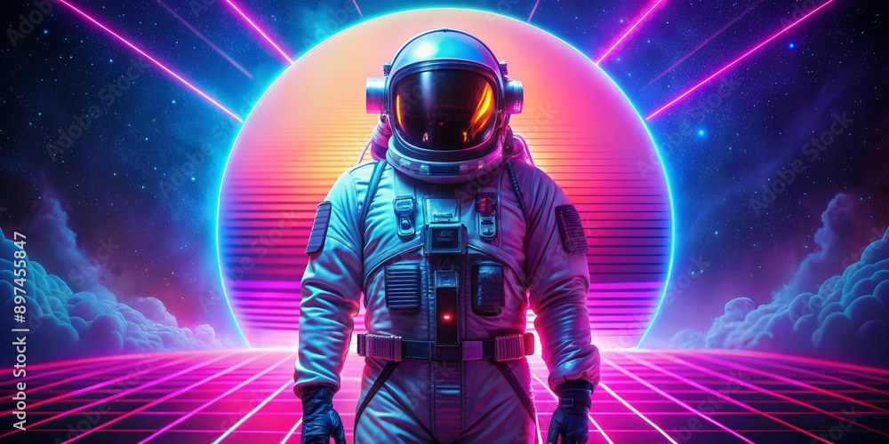 Astronaut in a Retrofuturistic Landscape, 3D Render, Neon Lights, Spaceman, Space, Retro, 80s Astronaut in a Retrofuturistic Landscape, 3D Render, Neon Lights, Spaceman, Space, Retro, 80s