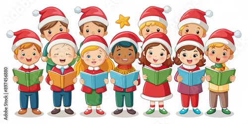 Christmas Caroling Kids, Digital Illustration, Children in Santa Hats Singing, Holiday Cheer, Christmas, Kids, Singing