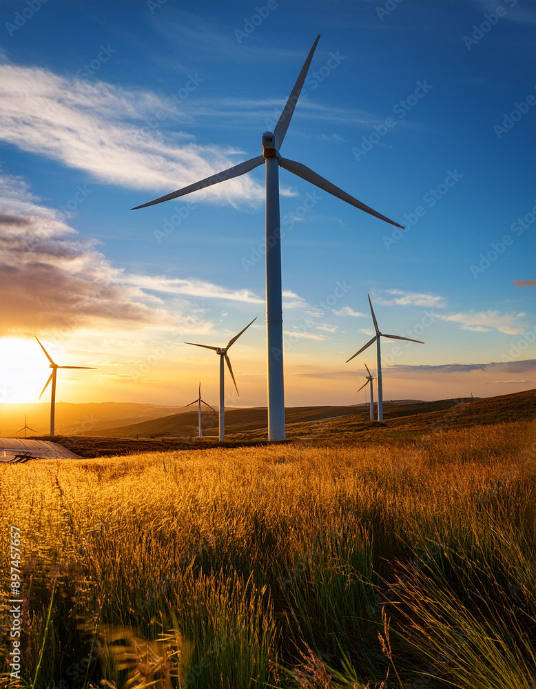 Obraz premium Wind turbines on the large field during sunset, green energy production
