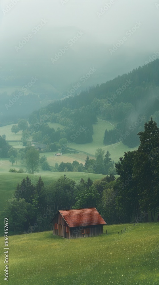 A serene rural landscape featuring a small red cabin surrounded by lush green fields and mountains under a misty sky. A serene rural landscape featuring a small red cabin surrounded by lush green fields and mountains under a misty sky.