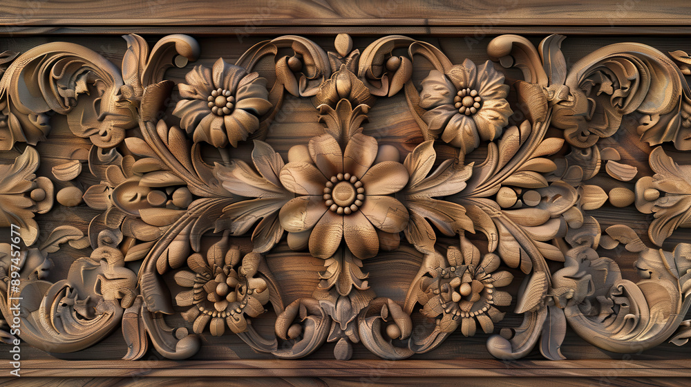 Close-up of an intricate wooden floral carving showcasing detailed leaves and flowers in a rich, warm tone, highlighting craftsmanship.. Close-up of an intricate wooden floral carving showcasing detailed leaves and flowers in a rich, warm tone, highlighting craftsmanship..