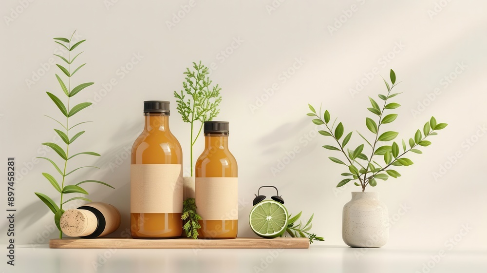 Stylish arrangement of bottles and green plants on a wooden shelf against a light background, creating a fresh, natural ambiance. Stylish arrangement of bottles and green plants on a wooden shelf against a light background, creating a fresh, natural ambiance.