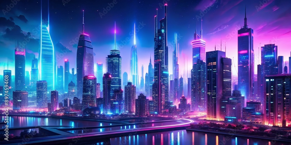 Obraz premium Neon Cityscape with River Reflection, Digital Art, Cyberpunk City, Futuristic Skyline, Night Scene, City Lights, Neon