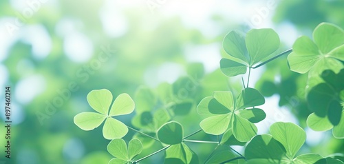 close up green clover  in field, 4 leaves clover with copy space
