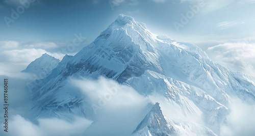 Wallpaper Mural A majestic, snow-covered mountain peak rising into a cloudy sky. The rugged terrain is detailed with layers of snow and ice, showcasing the mountain's grandeur. Generative AI. Torontodigital.ca