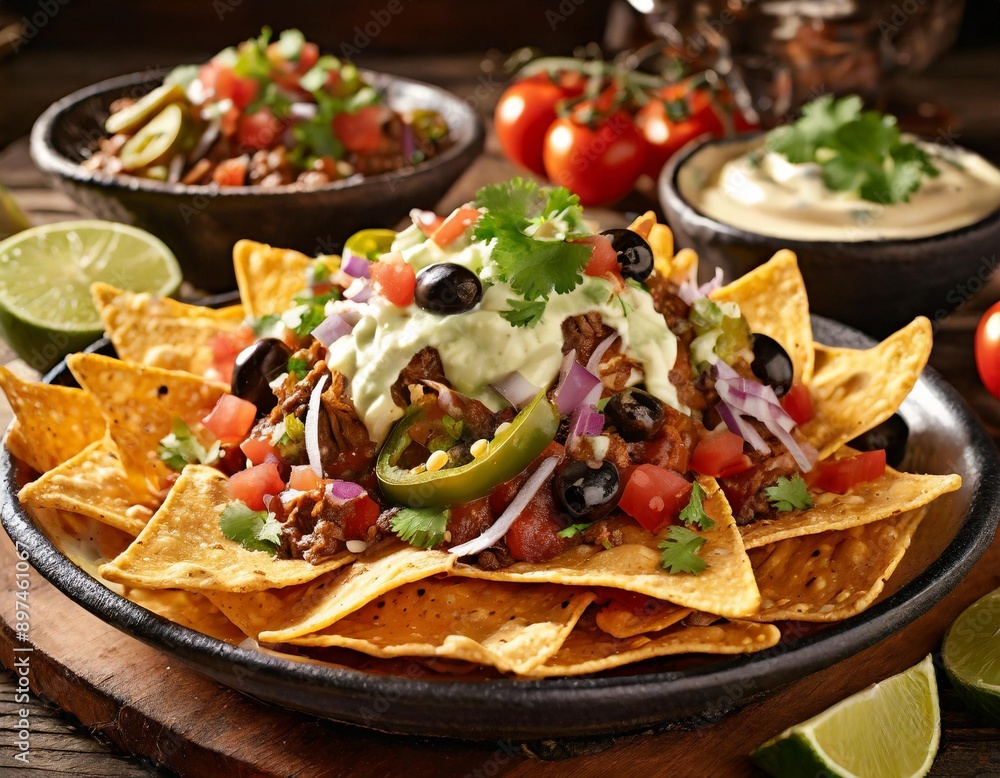 Nachos Supreme. A plate of delicious tortilla nachos with melted cheese sauce, ground beef, jalapeno peppers, red onion, green onions, tomato, black olives, salsa, and sour cream with guacamole Nachos Supreme. A plate of delicious tortilla nachos with melted cheese sauce, ground beef, jalapeno peppers, red onion, green onions, tomato, black olives, salsa, and sour cream with guacamole