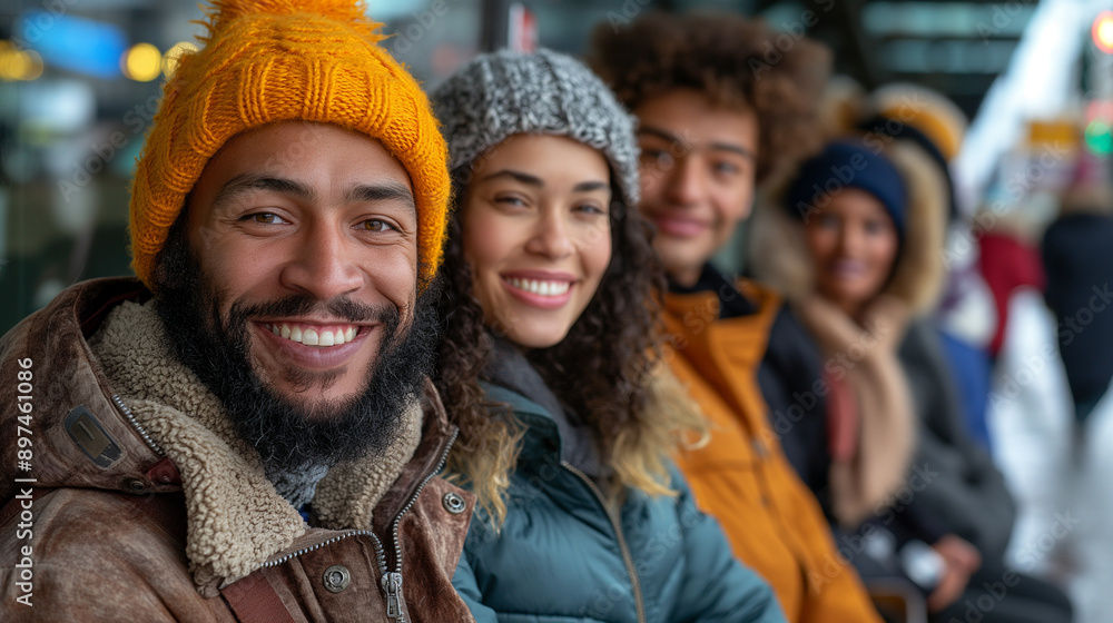 A telephoto angle photo of individuals lined up on a bench at a bus stop, chatting happily, with copy space A telephoto angle photo of individuals lined up on a bench at a bus stop, chatting happily, with copy space