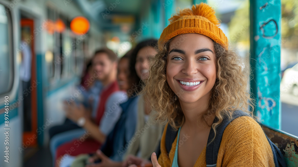 Fototapeta premium A telephoto angle photo of individuals lined up on a bench at a bus stop, chatting happily, with copy space