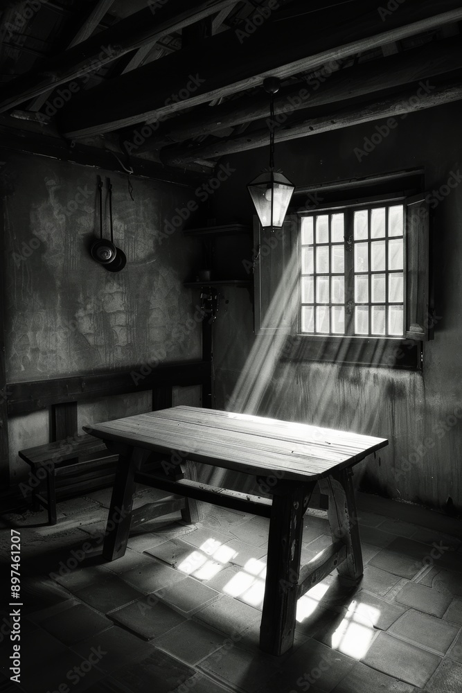 Black and white photo of an old wooden table in an abandoned house Black and white photo of an old wooden table in an abandoned house