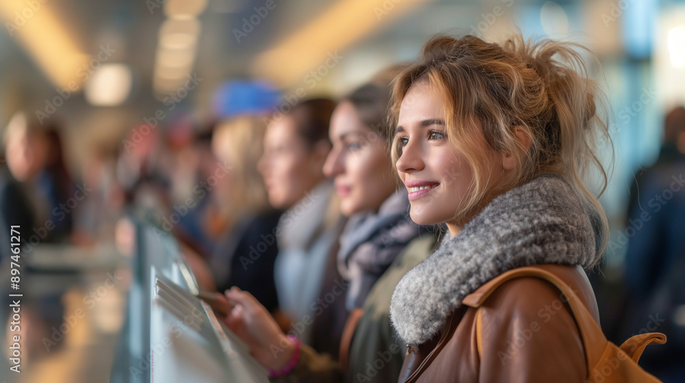 A telephoto angle photo of people lined up at a bank, engaging in friendly conversation, with copy space A telephoto angle photo of people lined up at a bank, engaging in friendly conversation, with copy space