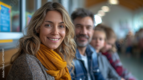 A telephoto angle photo of parents sitting in a queue at a school event, chatting about their children, with copy space