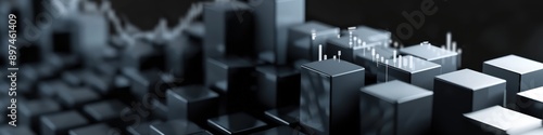 Close-up of 3D grey blocks in a stock market uptrend, indicating financial success on a dark background.