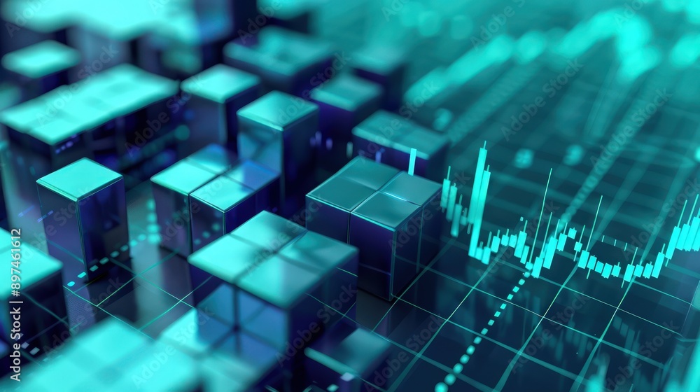 Close-up of 3D indigo blocks in a stock market uptrend, highlighting business growth on a teal background. Close-up of 3D indigo blocks in a stock market uptrend, highlighting business growth on a teal background.