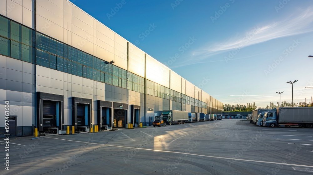 Modern Warehouse Building with Loading Docks and Semi-Trucks Modern Warehouse Building with Loading Docks and Semi-Trucks