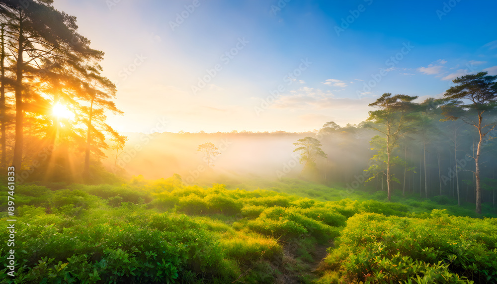 An Aerial View of a Misty Tropical Rainforest in the Morning, Capturing the Beauty of Nature's Lush Green Canopy and Morning Fog An Aerial View of a Misty Tropical Rainforest in the Morning, Capturing the Beauty of Nature's Lush Green Canopy and Morning Fog
