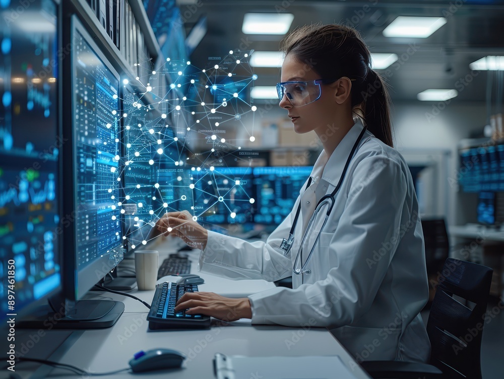 Digital Healthcare: Healthcare Worker Using Computer with Electronic Health Records Symbols Digital Healthcare: Healthcare Worker Using Computer with Electronic Health Records Symbols