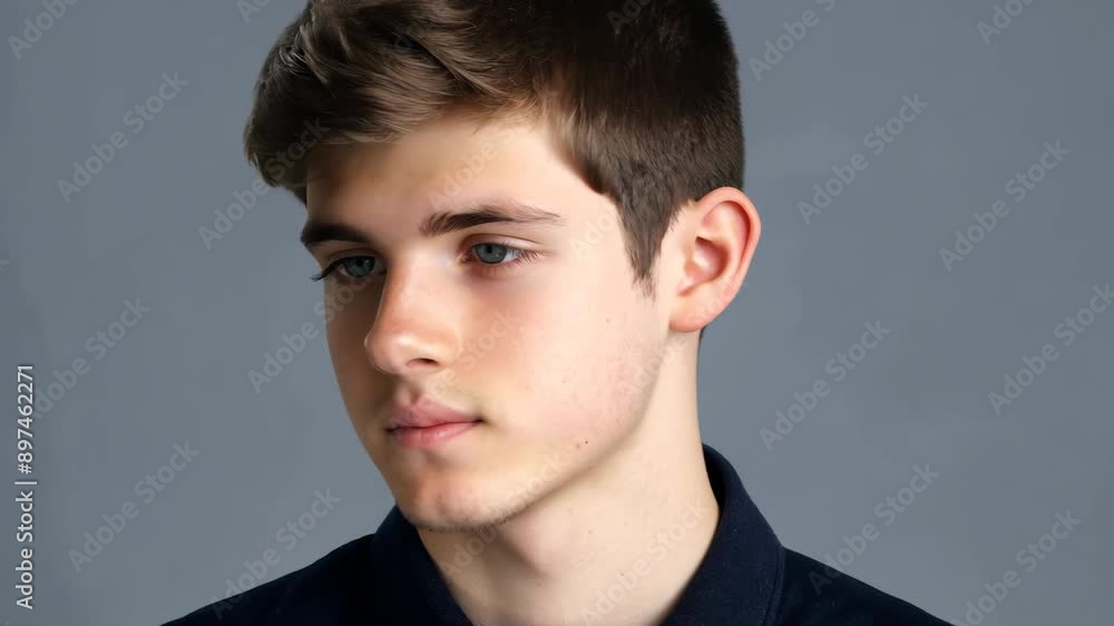 Portrait of a young man with dark hair against gray background Portrait of a young man with dark hair against gray background
