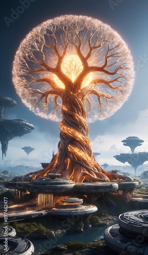 A massive, glowing Tree of Life with intricate branches and a radiant core