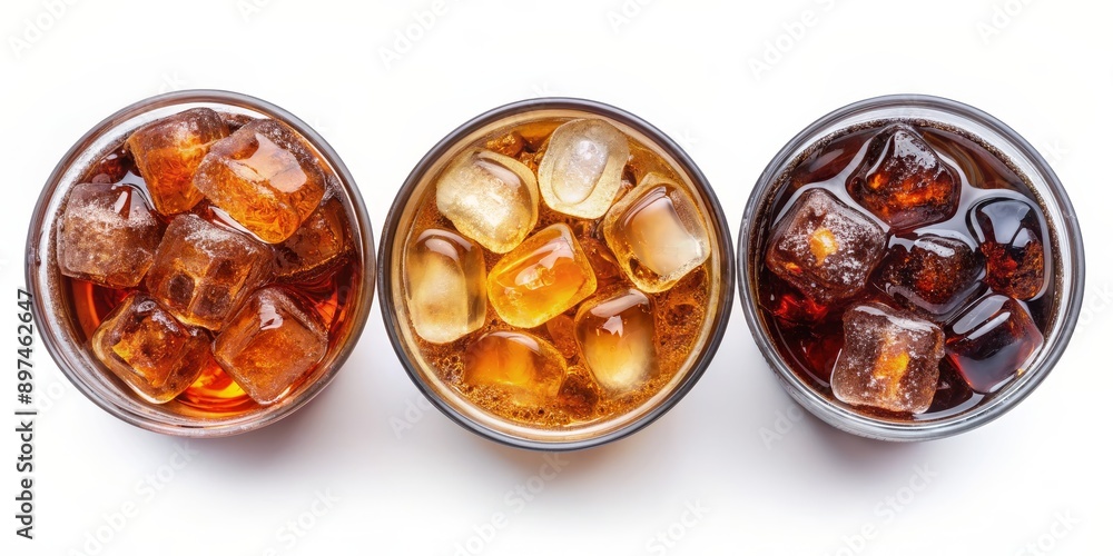 Top View of Three Glasses of Iced Soda, Cola, and Tea, Drink, Refreshment, Beverage, Soda Top View of Three Glasses of Iced Soda, Cola, and Tea, Drink, Refreshment, Beverage, Soda