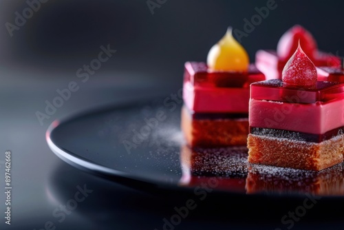 Geometric plating of petit fours, minimalist dessert presentation, with copy space