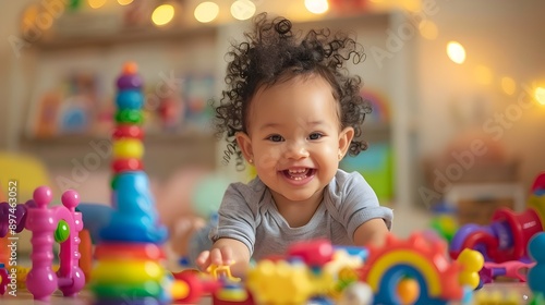 Adorable Toddler Joyfully Playing with Colorful Toys in Warm,Bright Indoor Setting