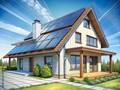 Wallpaper Mural Bright blue sky above partially shaded roof of a modern house, covered with rows of sleek photovoltaic solar panels, harnessing clean energy from the sun. Torontodigital.ca