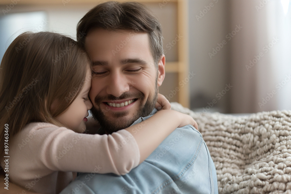 A close-up of a smiling father hugging his young daughter at home A close-up of a smiling father hugging his young daughter at home