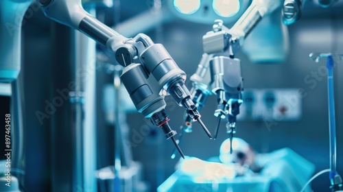 Wallpaper Mural A detailed view of a surgical robot with articulated arms and precise instruments, showcasing the advancements in robotic surgery and the enhanced capabilities it provides for complex procedures Torontodigital.ca
