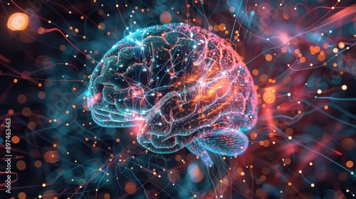 An abstract background featuring neural networks and digital data, symbolizing the advancements in brain research and the integration of artificial intelligence in neuroscience