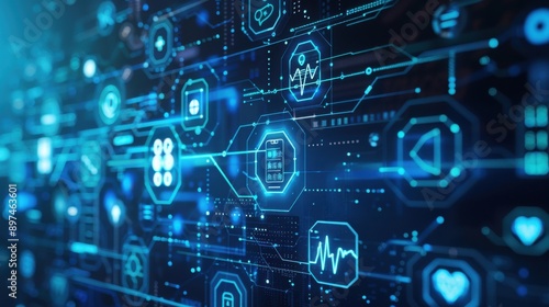 An abstract digital interface with interconnected medical symbols and data streams, representing the integration of digital technology in healthcare and the importance of data in modern medicine