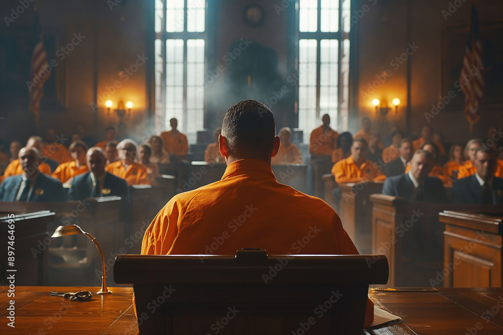 A courtroom scene with a defendant in an orange jumpsuit facing the judge and audience A courtroom scene with a defendant in an orange jumpsuit facing the judge and audience