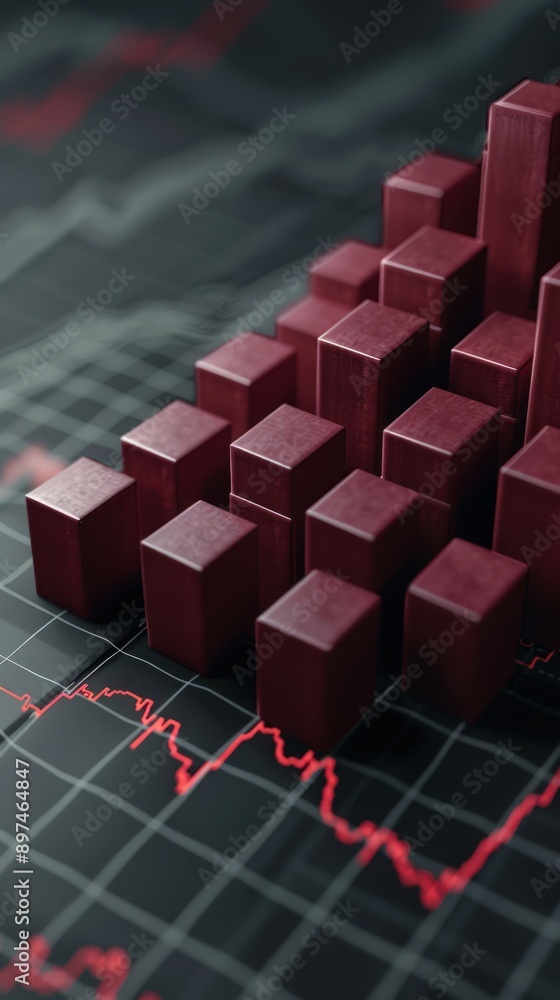 Close-up of 3D maroon blocks depicting an upward stock chart, representing financial success on a dark grey background. Close-up of 3D maroon blocks depicting an upward stock chart, representing financial success on a dark grey background.