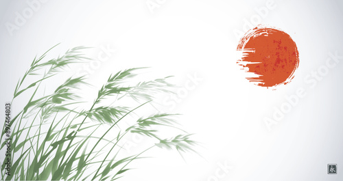 Ink painting of green grass on the wind and big red sun. Traditional oriental ink painting sumi-e, u-sin, go-hua. Translation of hieroglyph - eternity.