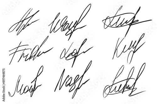 Set of handwritten signatures. Fake signatures for a business contract. Handwriting autograph set. Personal fictional signature calligraphy inscription. Write an imaginary document name