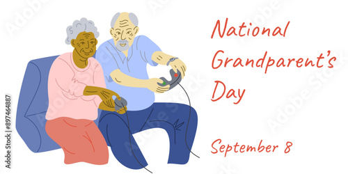 Wallpaper Mural American National Grandparents day banner with senior diverse couple playing video games. Vector flat hand drawn illustration. Template for background, banner, card, poster with text inscription Torontodigital.ca