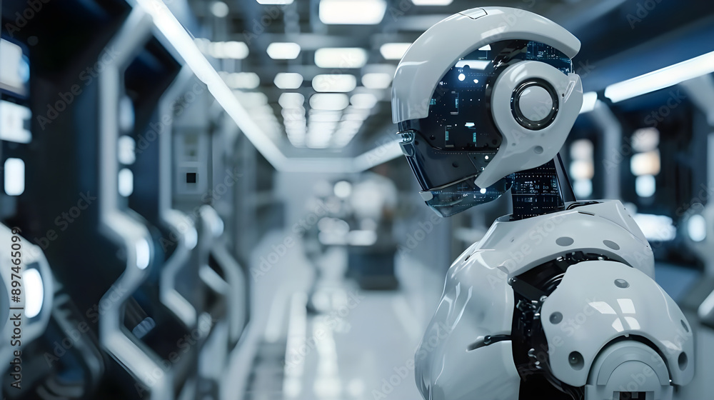Fototapeta premium A sophisticated humanoid robot in a high-tech laboratory setting, showcasing cutting-edge artificial intelligence and robotics technology.
