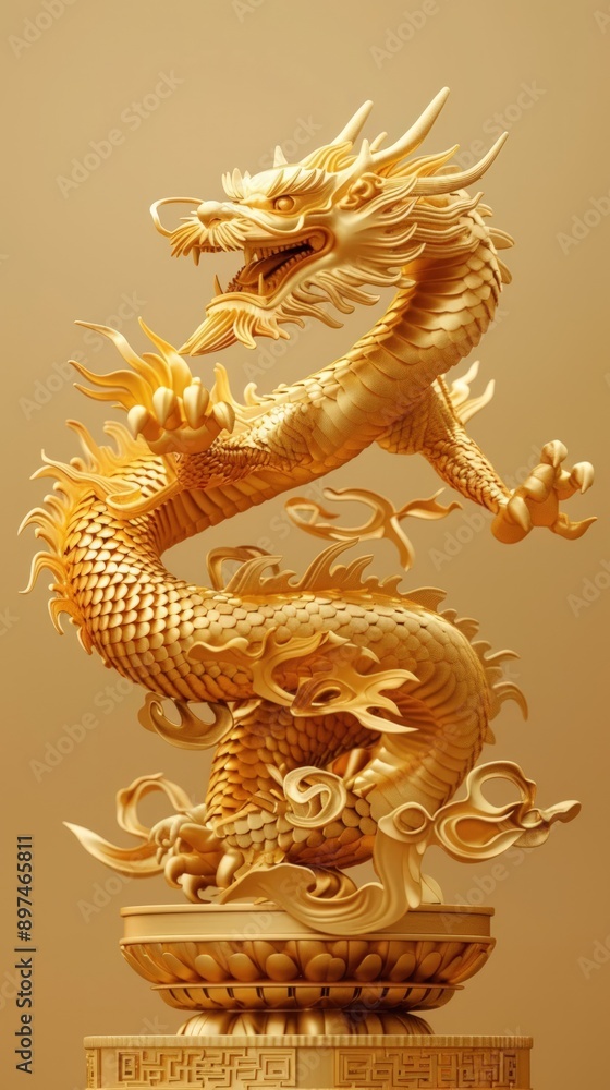 A gold dragon statue with a long tail and a mouth open A gold dragon statue with a long tail and a mouth open