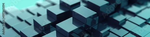 Close-up of 3D navy blocks creating a stock market uptrend, highlighting financial success on a teal background.