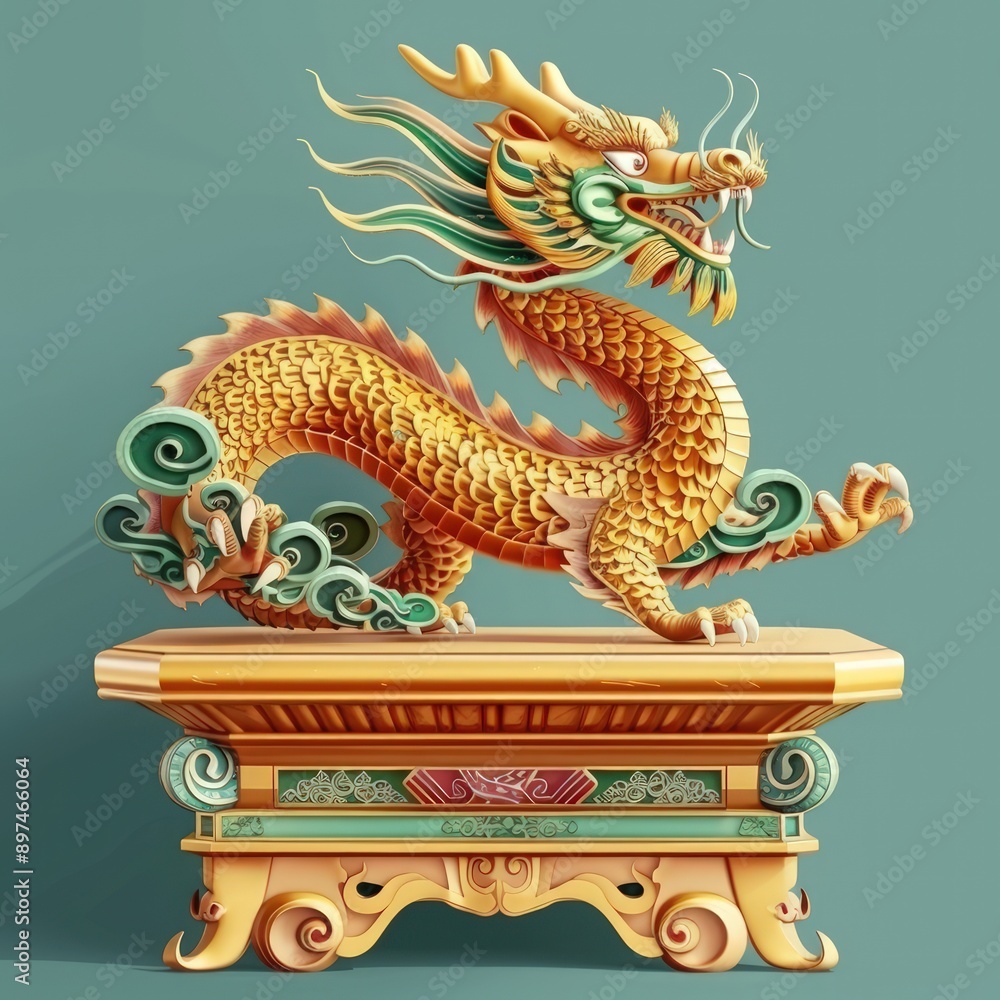 Fototapeta premium A gold and green dragon is standing on a pedestal