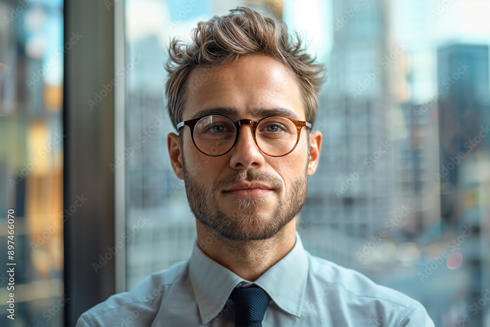 Portrait of a young man with a beard, wearing glasses and a shirt, looking directly at the camera. Manager at work. A panoramic window offers view of city below. Copy space. aspect ratio 3:2 Portrait of a young man with a beard, wearing glasses and a shirt, looking directly at the camera. Manager at work. A panoramic window offers view of city below. Copy space. aspect ratio 3:2