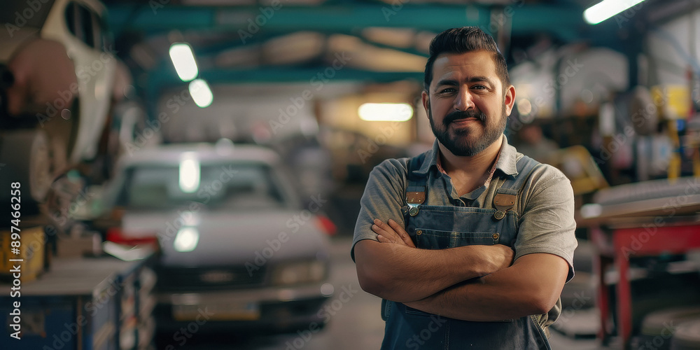 male mechanic standing with his arms crossed, smiling wearing grey overalls and a black shirt male mechanic standing with his arms crossed, smiling wearing grey overalls and a black shirt